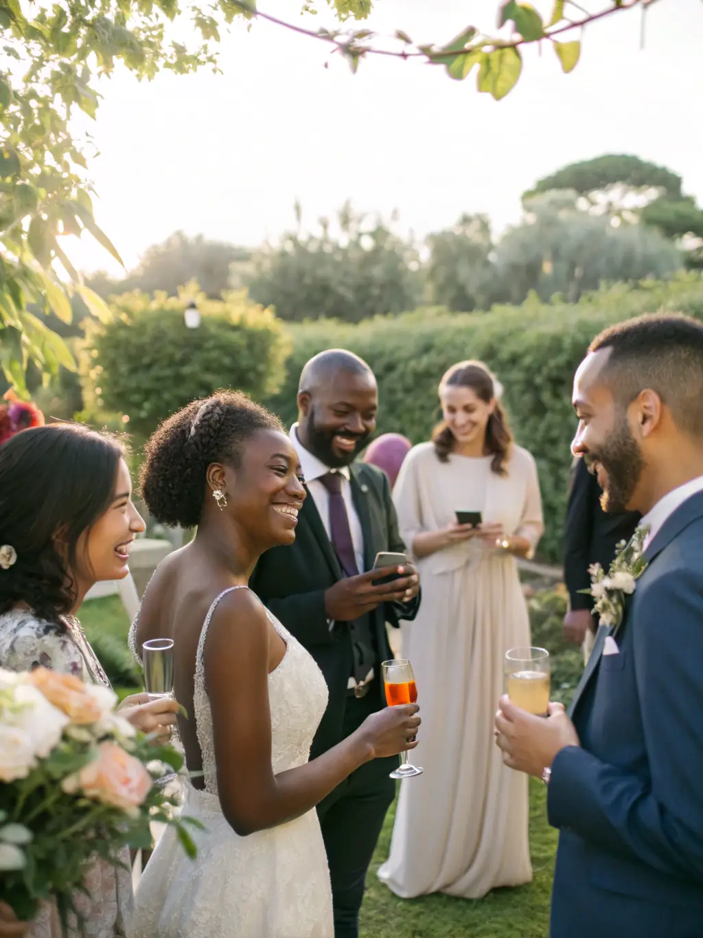 A group of wedding guests laughing and posing in front of the Memory Mirror, showcasing its user-friendly interface.